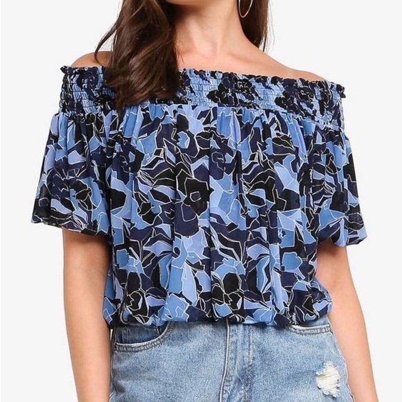Free People Off Shoulder Technicolor Bubble Crop Top Blue Floral Boho Hippie S - Picture 1 of 9